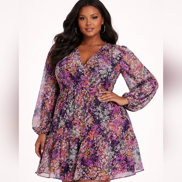 Vince Camuto Dresses & Skirts - Vince Camuto, Women's elegant and Floral dress, ruffle Vneck, long sleeves, Sz S